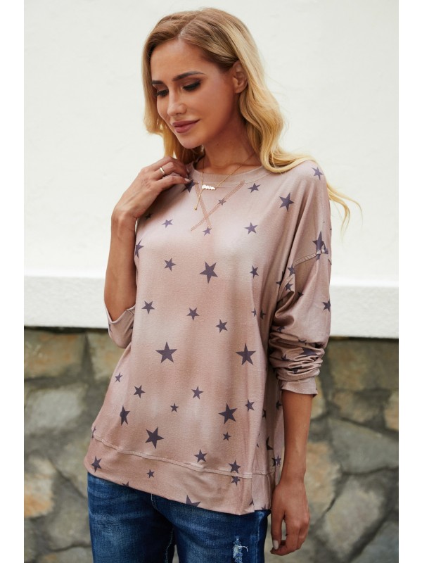 Khaki Oversized Casual Long Sleeve T-shirt Stars Printed Hoodie