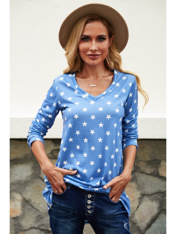 Blue Stars Print Zipper Vneck Patchwork Women's T-shirt