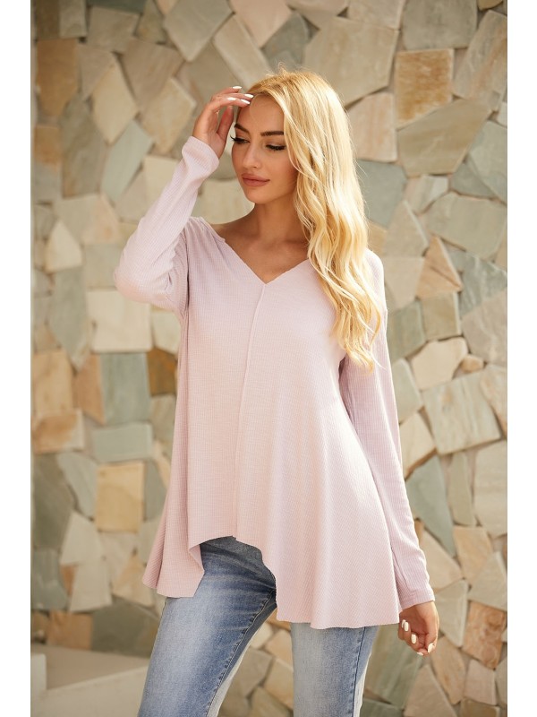 Pink V-Neck Asymmetric Hem Plain Sweatshirt