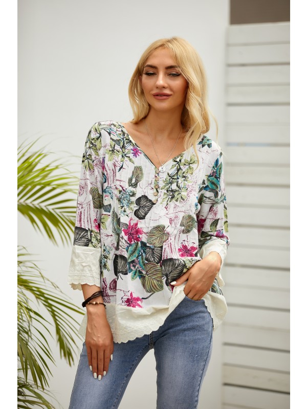 Floral Printed Vneck Long Sleeve Shirt