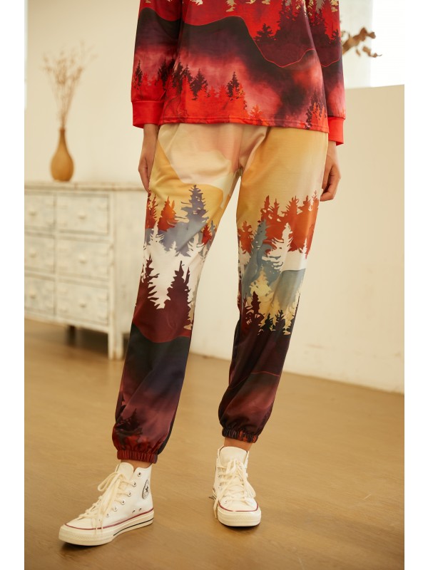 Multi Polyester Landscape Print with Pockets Casual Pants