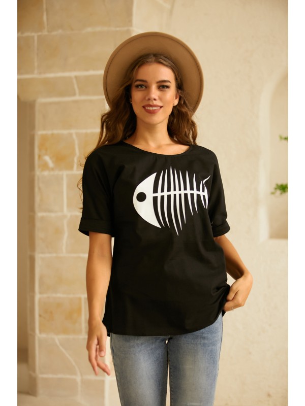 Black Print Fish Bone Casual Short Sleeve Cute T-Shirt