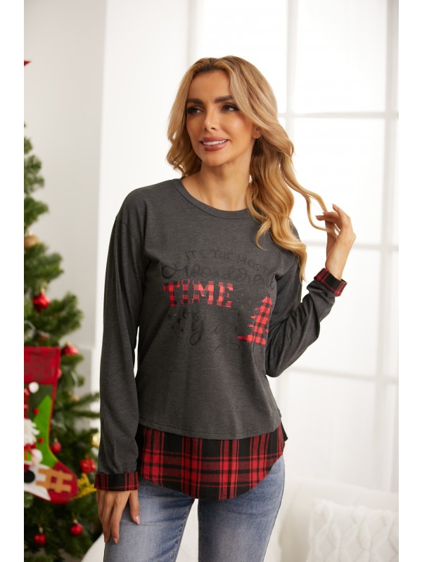 Women's Christmas Tree Wonderful Time Plaid Paneling Sweatshirt