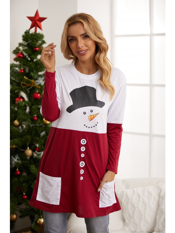 Red Snowman Print Long Sleeve Round Neck Sweatshirt