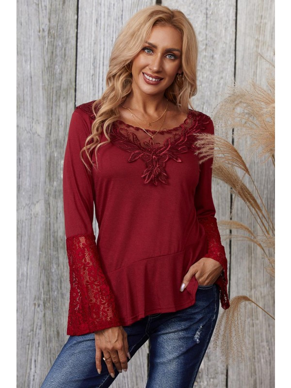 Irregular Long Sleeve Lace Stitching T-shirt