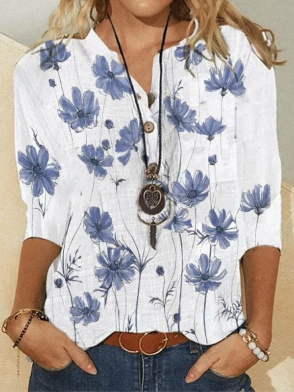 Flower Print Button Long Sleeve Stand Collar Women Blouse