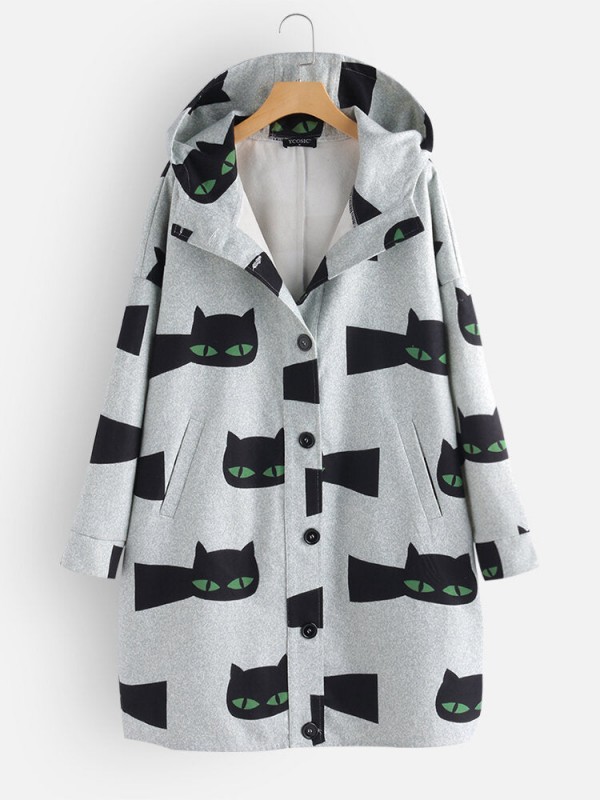 Cartoon Cat Print Long Sleeve Hooded Coat