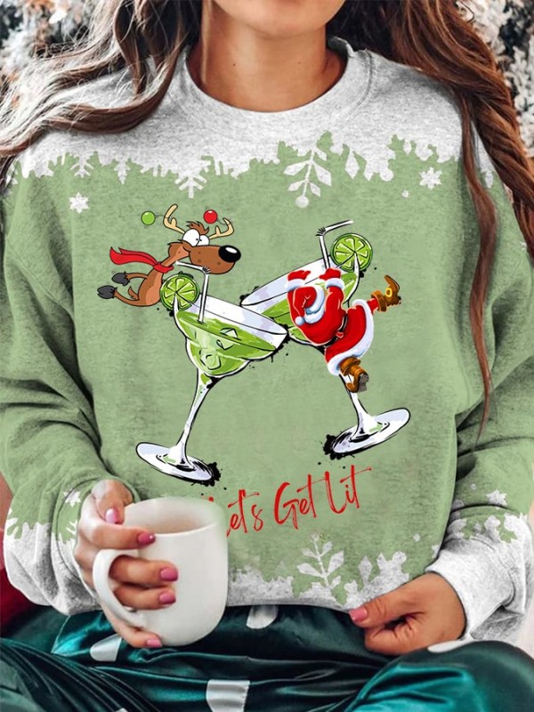 Women's Let's Get Lit Santa Elk Print Casual Sweatshirt