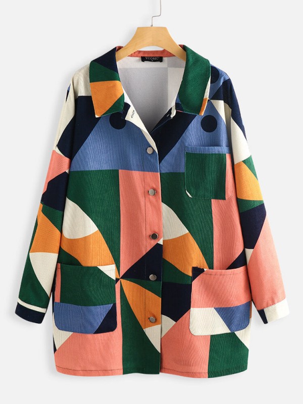 Corduroy Contrast Color Print Long Sleeve Jacket