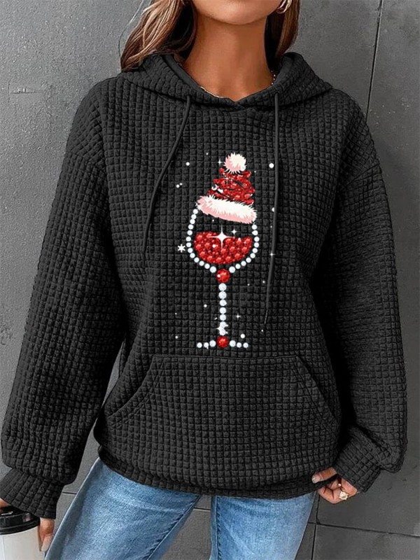 Women's Shiny Christmas Hat Red Wine Glass Casual Waffle Hoodie