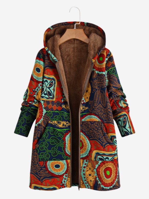 Thick Ethnic Print Long Sleeve Hooded Vintage Coat
