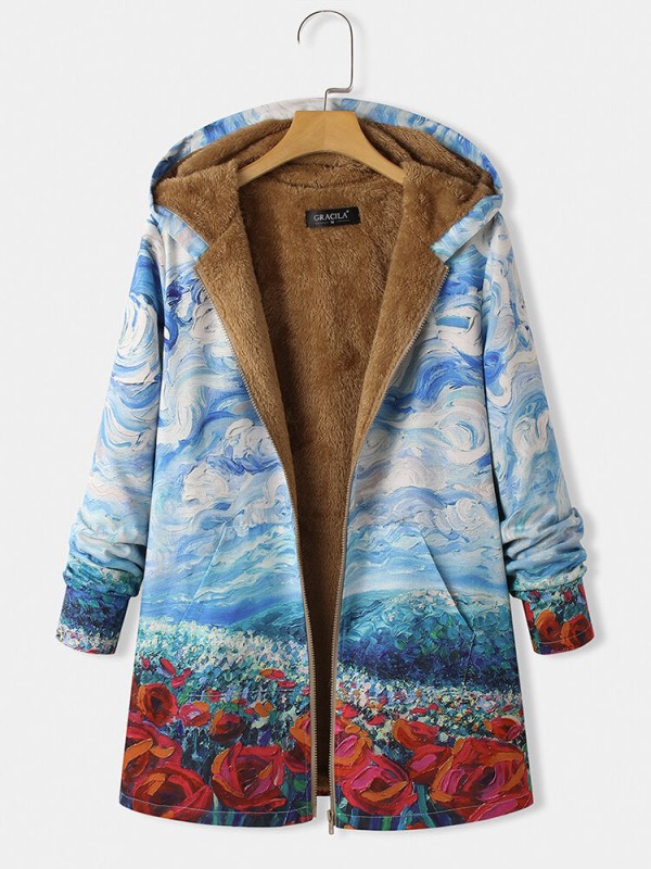 Landscape Prints Long Sleevs Hooded Zipper Casual Warm Coats