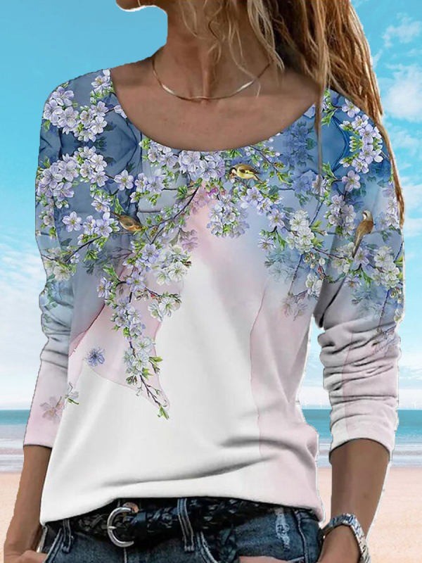 Round Neck Casual Loose Floral Print Long Sleeve Tshirt