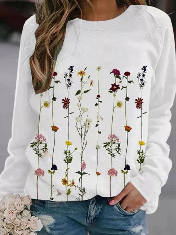 Round Neck Floral Print Loose Casual Pullover Sweatshirt