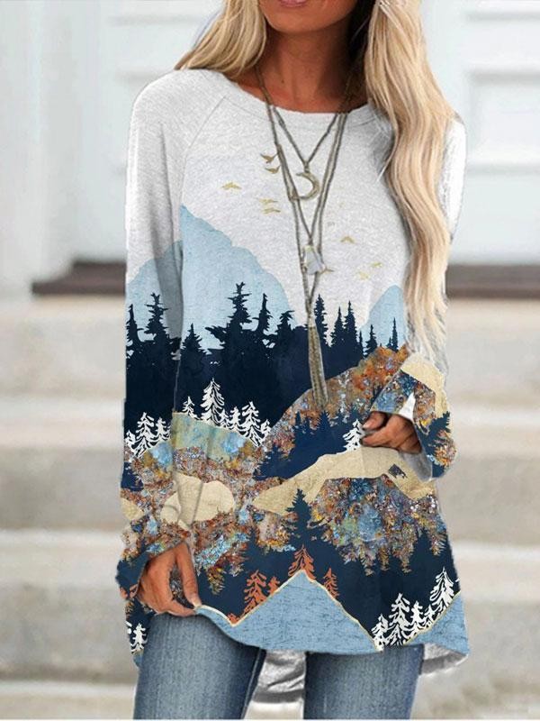 Women's mountain treetop print long sleeve Tshirt