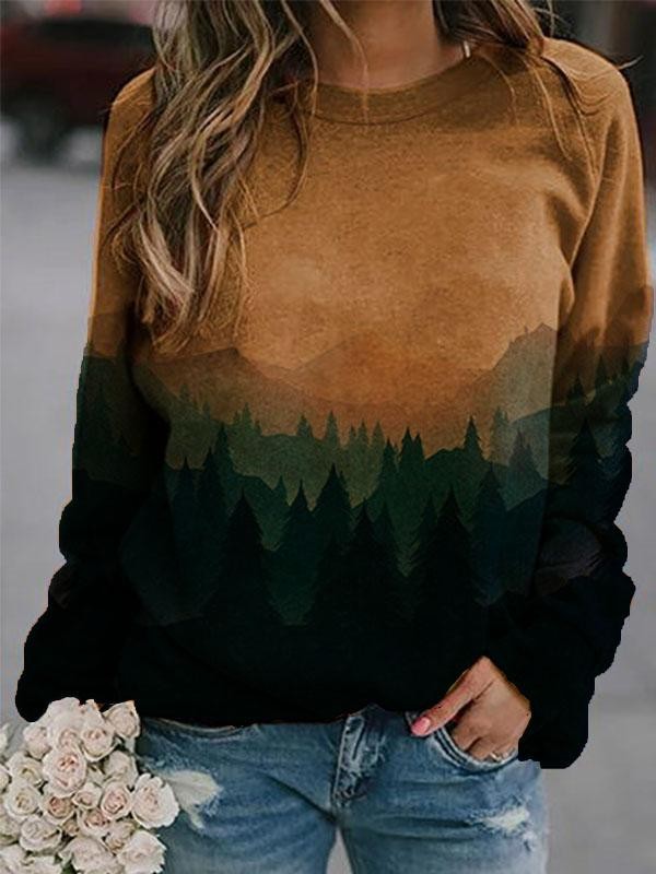 Women's casual mountain print longsleeved round neck sweatshirt