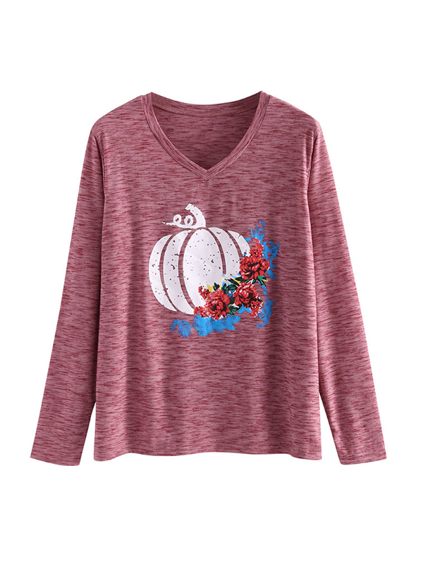 Women's Pumpkin Rose Print Long Sleeve Tshirt