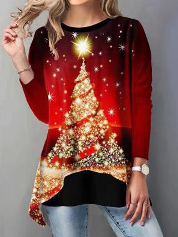 Red Casual Graphic Tops Round Neck Long Sleeve Christmas Tree Printed TShirt Sweatshirts