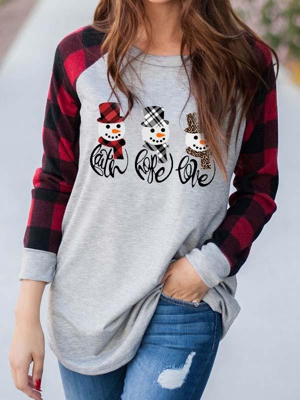 Ladies FAITH & HOPE & LOVE Christmas Snowman Print Tshirt