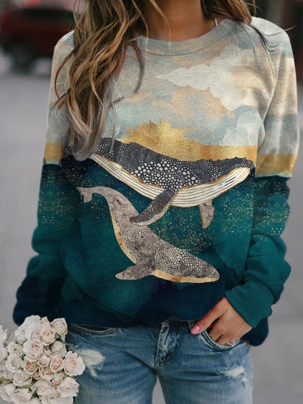 Women's Mountain Whale Printed Round Neck Casual Sweatshirt