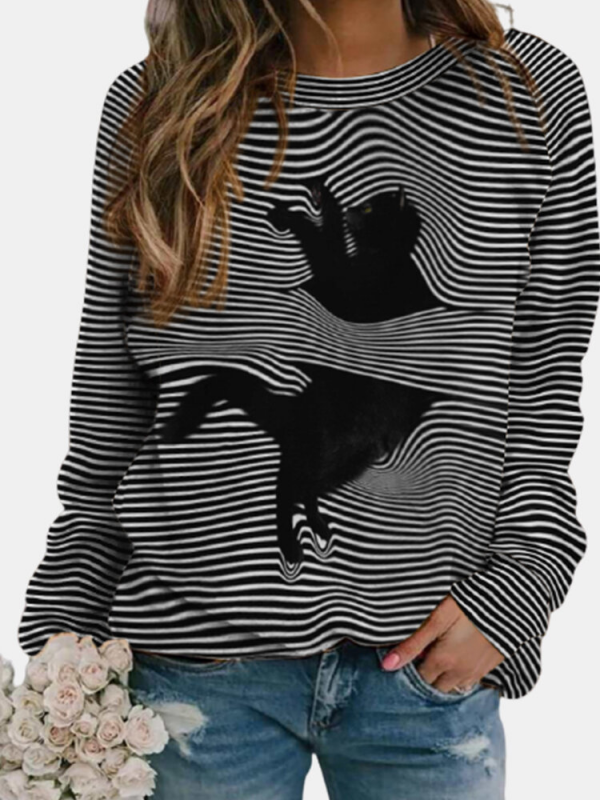 Black Cat Print Long Sleeve Oneck Striped Sweatshirt For Women