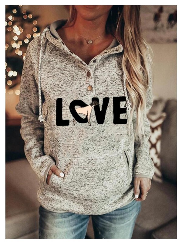 Letter Print Long Sleeve Button Pocket Hoodie