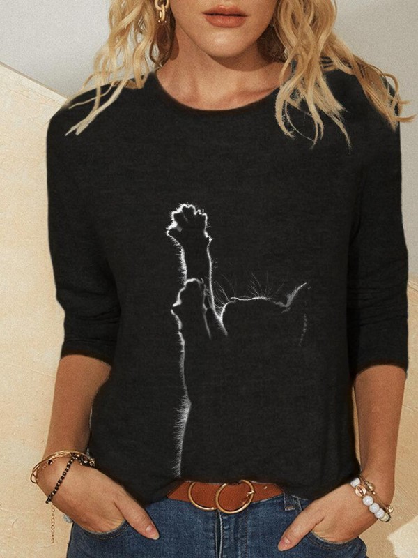 Cat Print Long Sleeves Oneck Casual Tshirt For Women