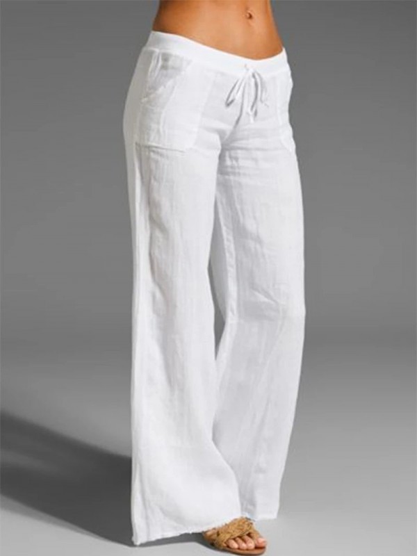 Casual White Solid Pockets Pants