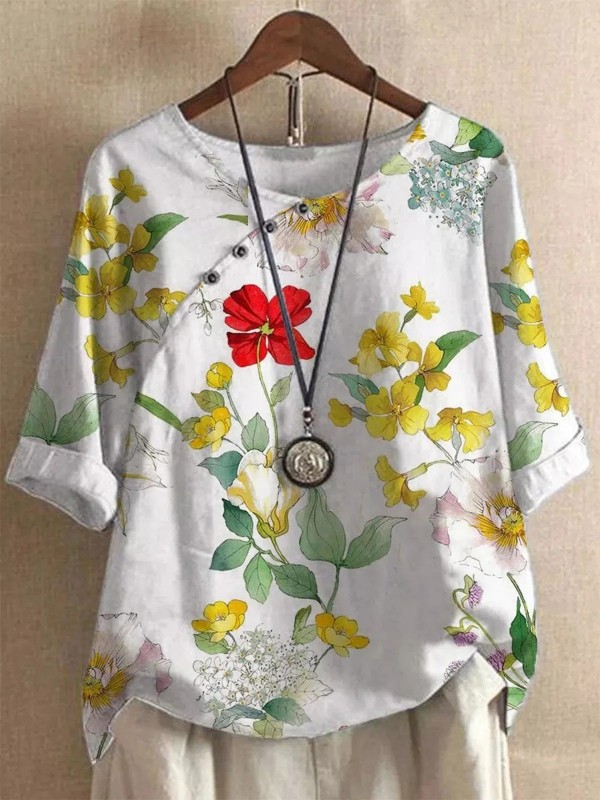Floral Loose Crew Neck Tops