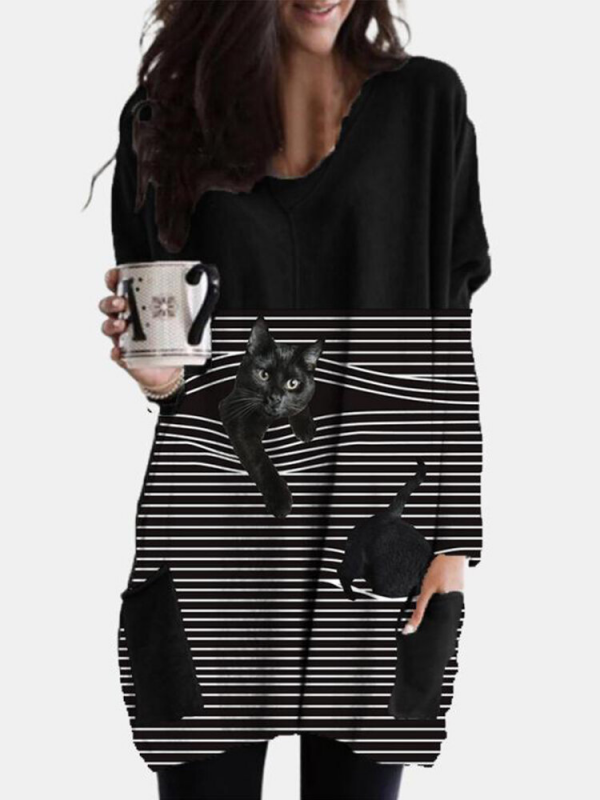 Striped Black Cat Print Pockets Oneck Plus Size Blouse