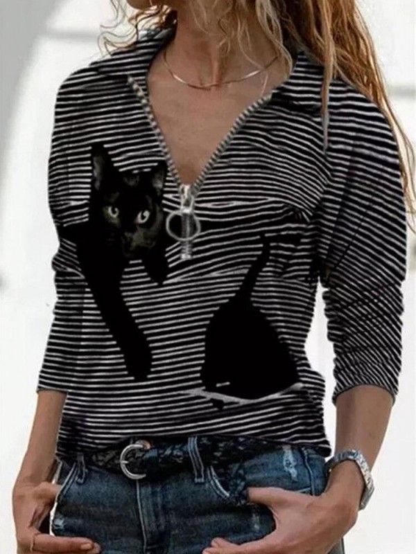 Cartoon Striped Cat Printed Lapel Collar Zipper Long Sleeve Blouse