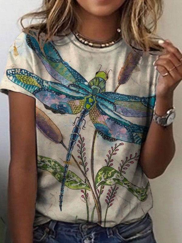 Women's Dragonfly Pattern Crew Neck Tshirt