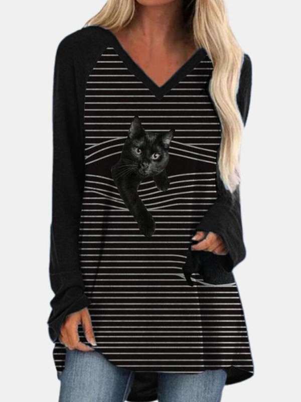 Black Cat Print Long Sleeve Vneck White Striped Tshirt For Women