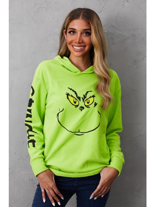 Women's Polyester Grinch Print Casual Hooded Long Sleeves Green Hoodie