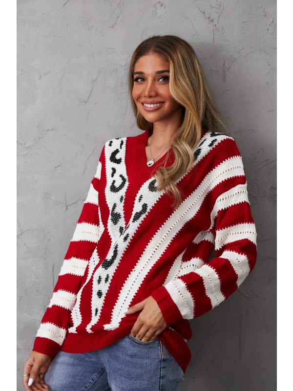 Red V-neck Stripes Long Sleeve Casual Sweater For Women