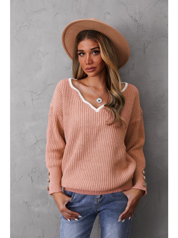 Pink Knitting Casual Long Sleeve Sweater For Women