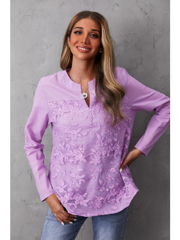 Purple V-neck Patchwork Floral Embroidered Casual Long Sleeves Blouse 