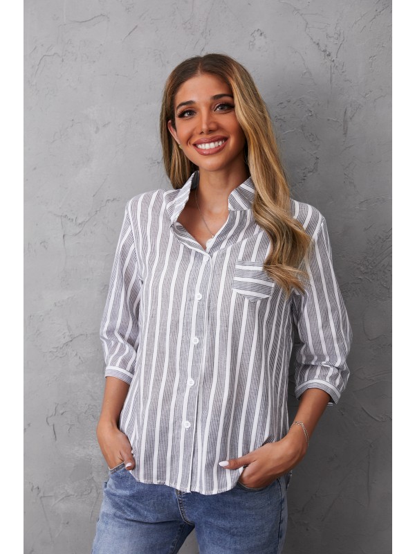 Light Gray V-neck Stripe Print Casual Half Sleeves Shirts & Tops 