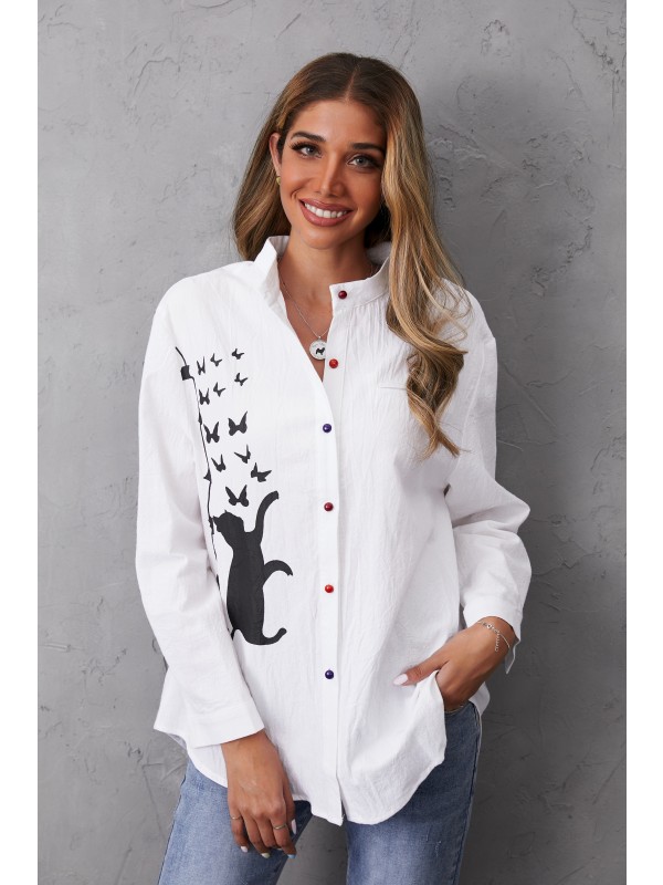 Cat Print Long Sleeve Casual Colorful Button Print Blouse