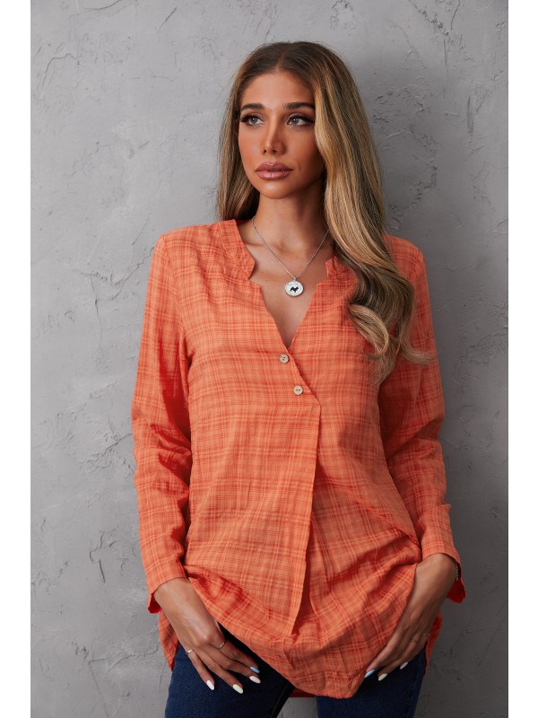 Orange Vintage Plaid Side Button V-Neck Long Sleeve Shirt & Tops