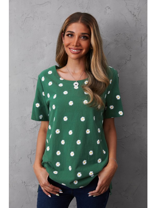 Green O-Neck Floral Print Casual Short Sleeves T-shirt 