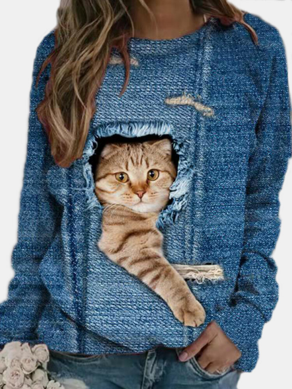 Cute Cat Print Long Sleeves Oneck Casual Sweatshirt For Women
