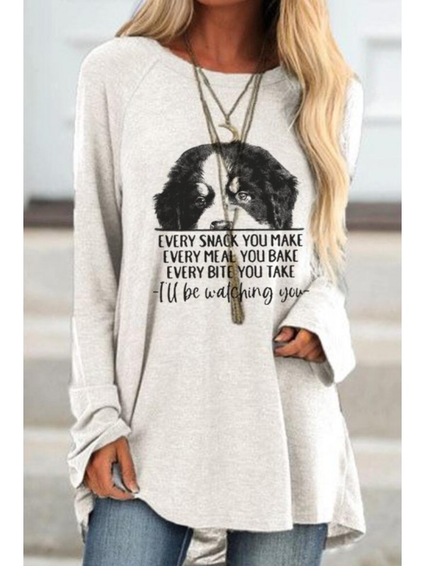 Fitting Long Sleeved Solid Dog Print Letter Sweatshirt 