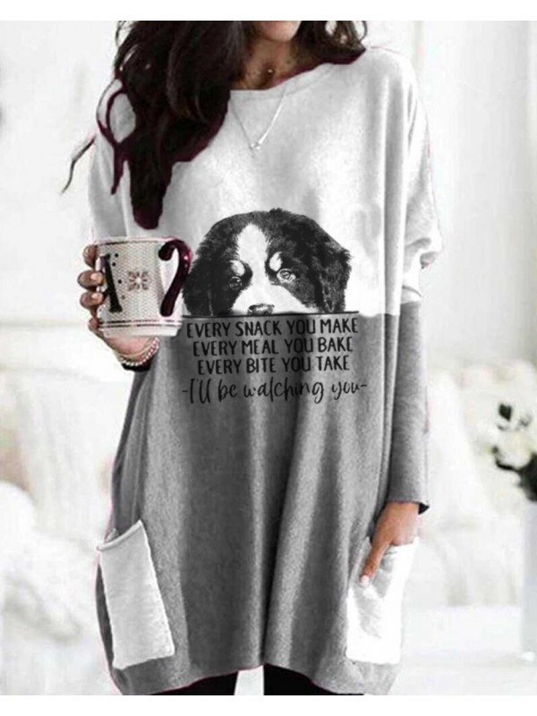 Dog Print Long Sleeve Sweatshirt With Pockets