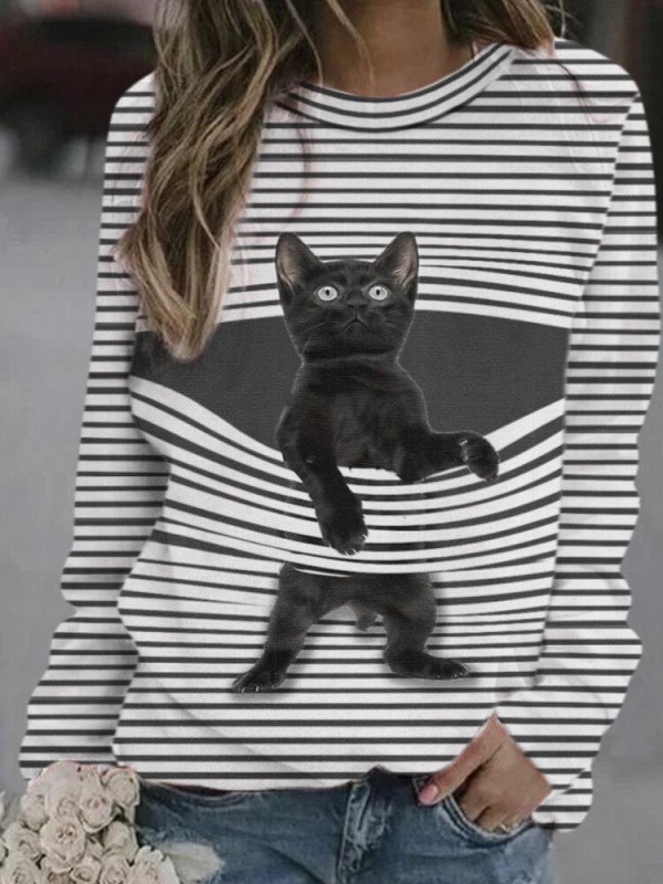Cartoon Cat Print Striped Oneck Long Sleeve Sweatshirt