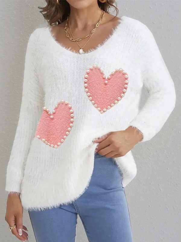 Women's Pullover Sweater Fuzzy Knit Oversized Regular Crew Neck Heart Weekend Casual Fall Winter Beige