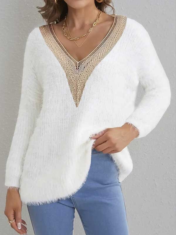Women's Pullover Sweater Jumper Jumper Fuzzy Knit Oversized V Neck Solid Color Fall Winter Beige