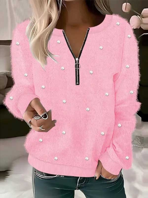 Women's Pullover Sweater Jumper Fuzzy Knit Zipper Glitter Crew Neck Casual Soft Fall Winter White Pink