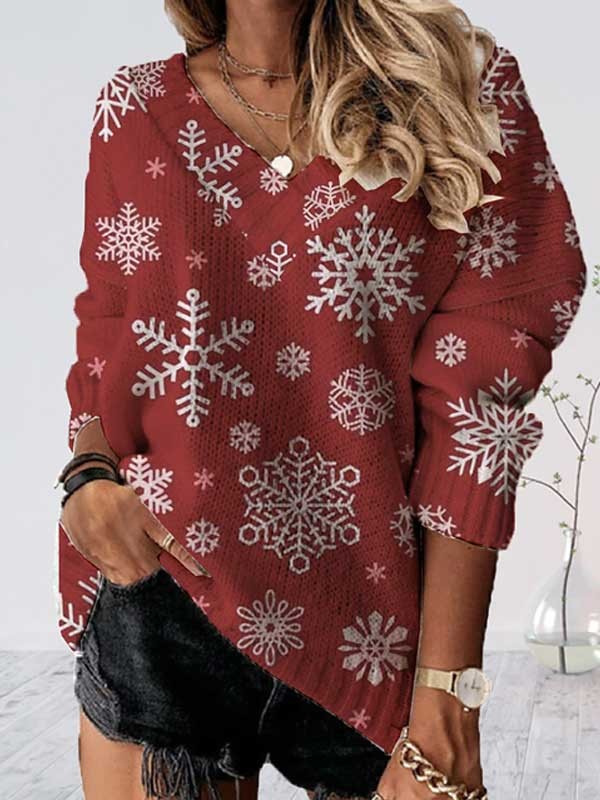Women's Pullover Sweater Jumper Crochet Knit Print Tunic V Neck Snowflake Christmas Drop Shoulder Fall Winter Wine