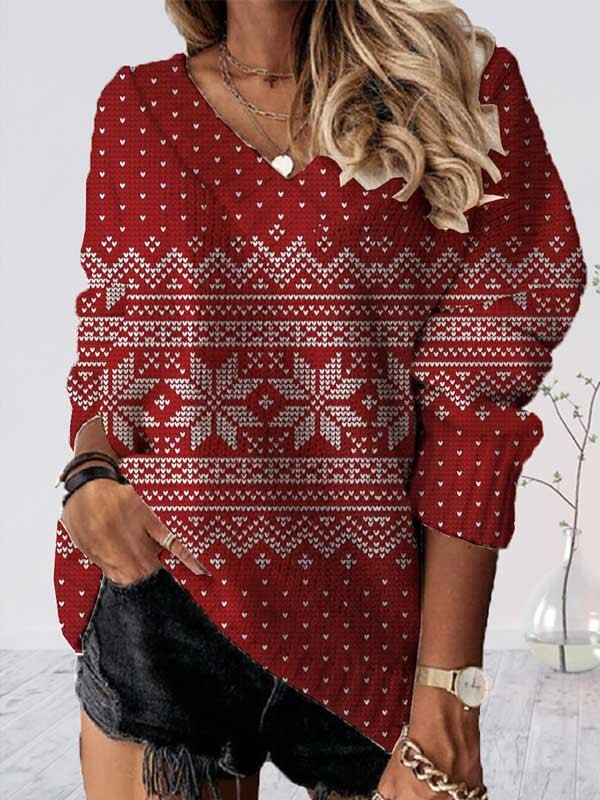 Women's Pullover Sweater Jumper Crochet Knit Print Tunic V Neck Snowflake Christmas Drop Shoulder Fall Winter White Wine